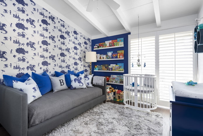 blue and white interior of a children's room