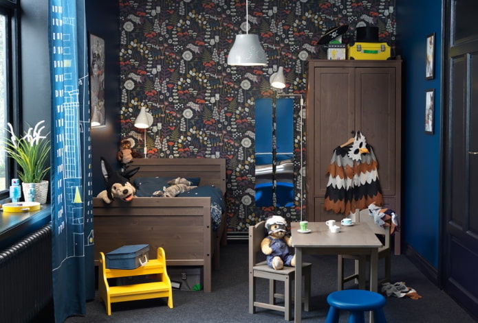 brown and blue interior of the children's room