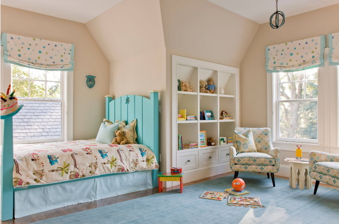 beige and blue interior of a children's room