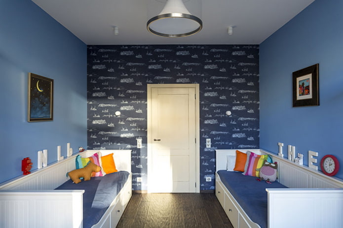 decoration in the interior of the nursery in blue tones