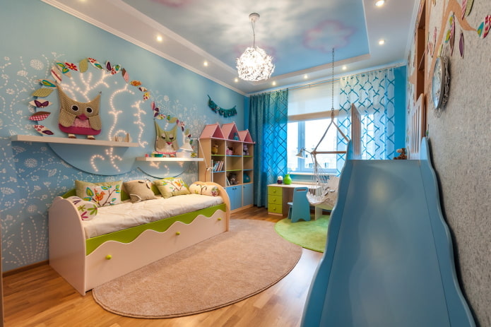 furnishings in the interior of the nursery in blue tones