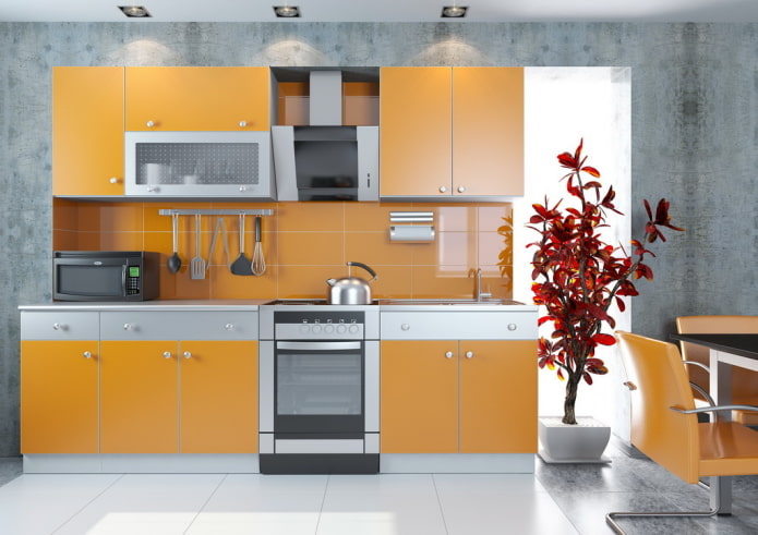кухињски ентеријер у сиво-наранџастим бојама