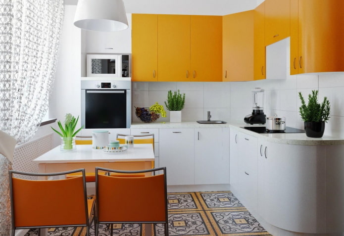 konyha lakberendezés narancssárga és fehér színben