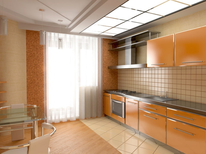 кухињски ентеријер у беж и наранџастим бојама