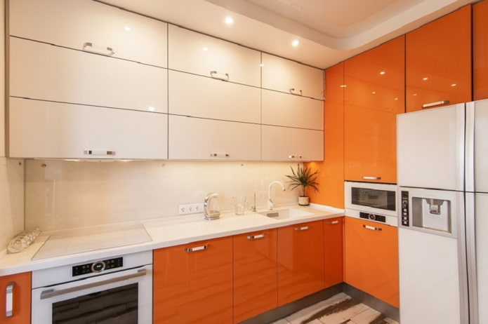 corner kitchen in orange colors