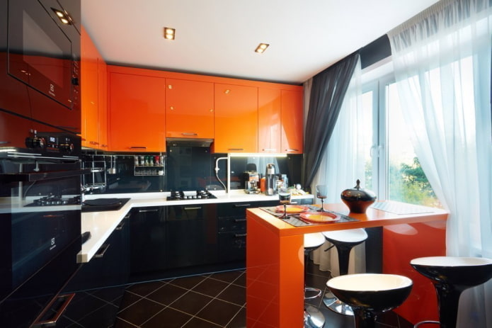 curtains in the interior of the kitchen in orange tones