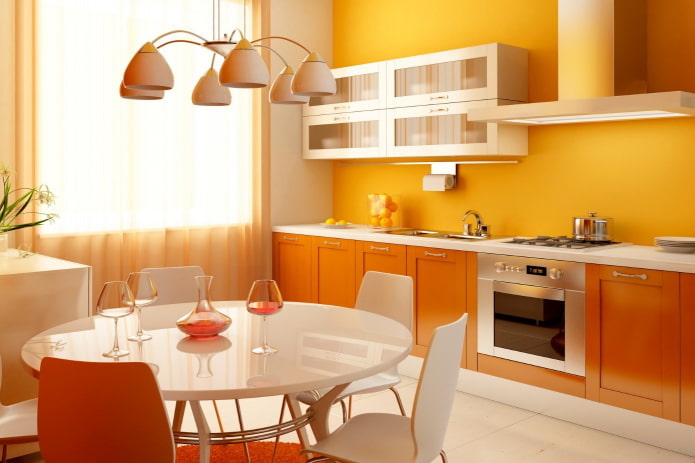 tapéta a konyha belsejében, narancssárga színben