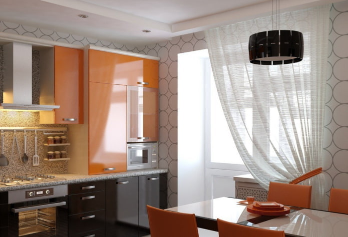 wallpaper in the interior of the kitchen in orange tones
