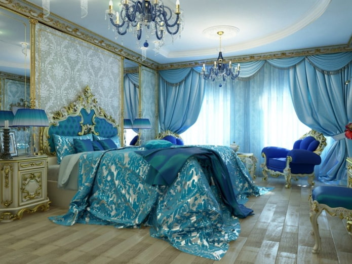 bedroom interior in gold and blue shades