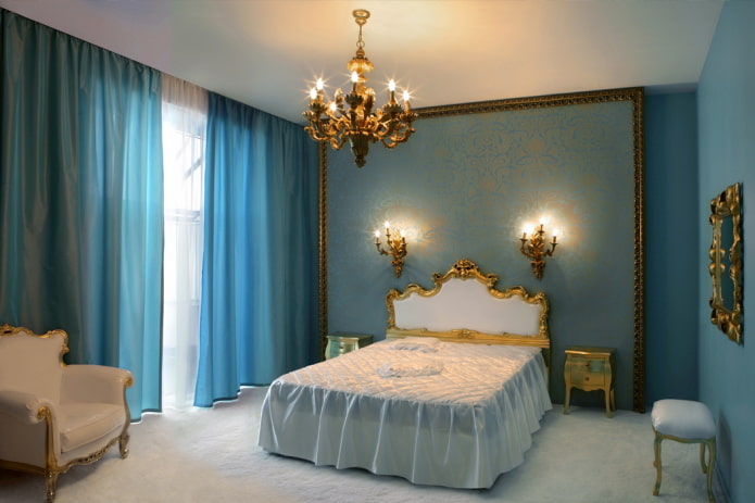 bedroom interior in gold and blue shades