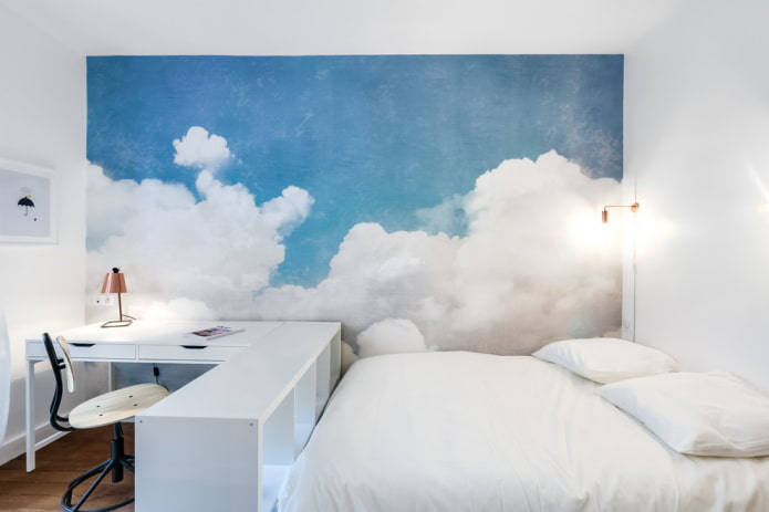 blue and white bedroom interior