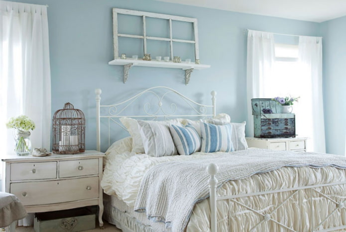 interior of a blue bedroom in the style of Provence