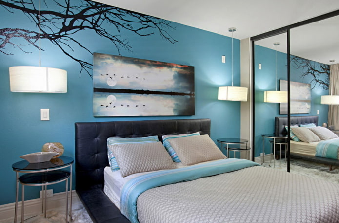 Interieur eines blauen Schlafzimmers im modernen Stil