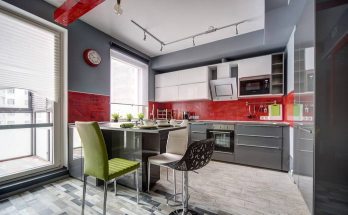 kitchen in gray tones with bright accents