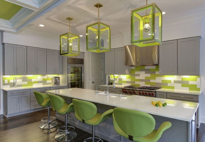 kitchen in gray tones with bright accents