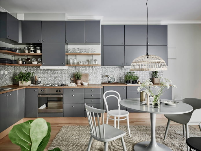 furniture and appliances in the interior of the kitchen in gray tones