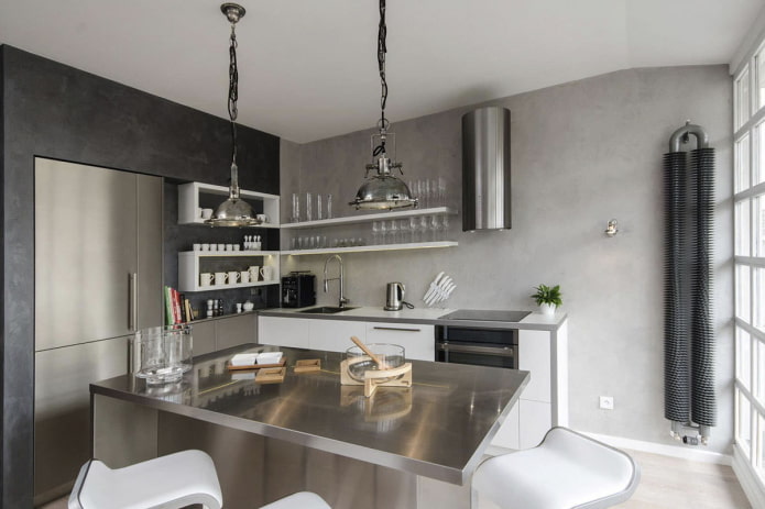 finishing in the interior of the kitchen in gray tones