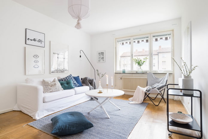 living room in white tones in Scandinavian style