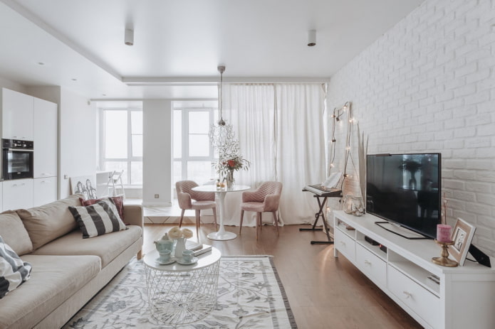 living room in white tones in Scandinavian style