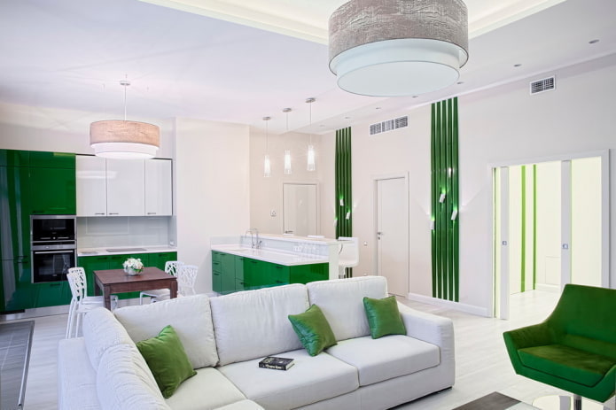 nappali belső fehér és zöld színben