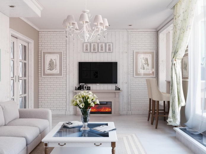 Wohnzimmer in weißen Farben im Provence-Stil