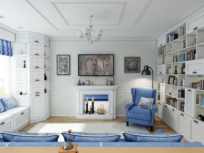 Wohnzimmer in weißen Farben im Provence-Stil