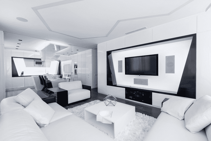 дневна соба у белим тоновима у високотехнолошком стилу
