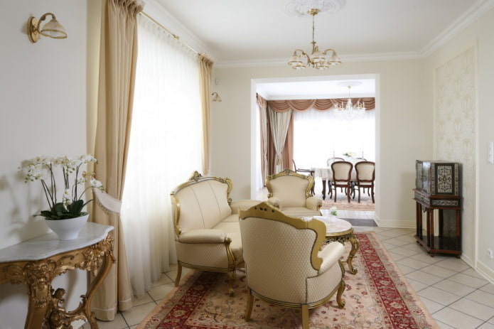 дневна соба у белој боји у класичном стилу
