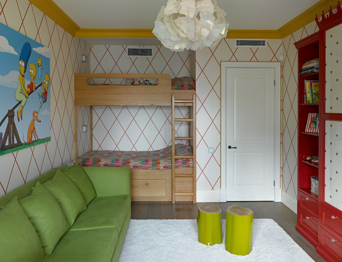 Interieur eines kleinen Wohnzimmers kombiniert mit einem Kinderzimmer