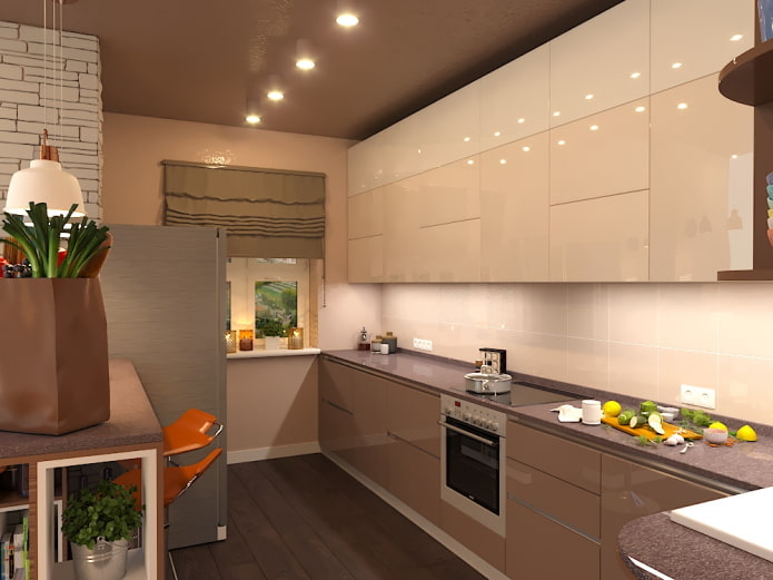 kitchen interior in beige and brown tones