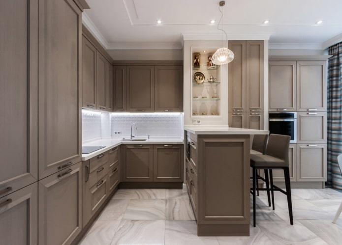 kitchen interior in white and brown tones