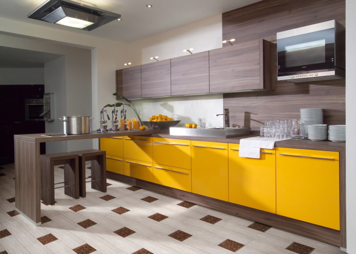 brown kitchen interior with bright accents