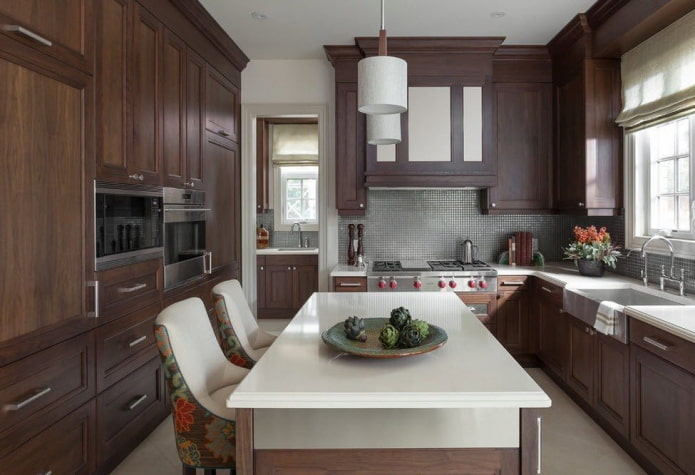 furniture and appliances in the interior of the kitchen in brown tones