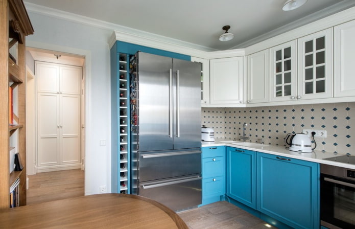 refrigerator in the interior of a small kitchen