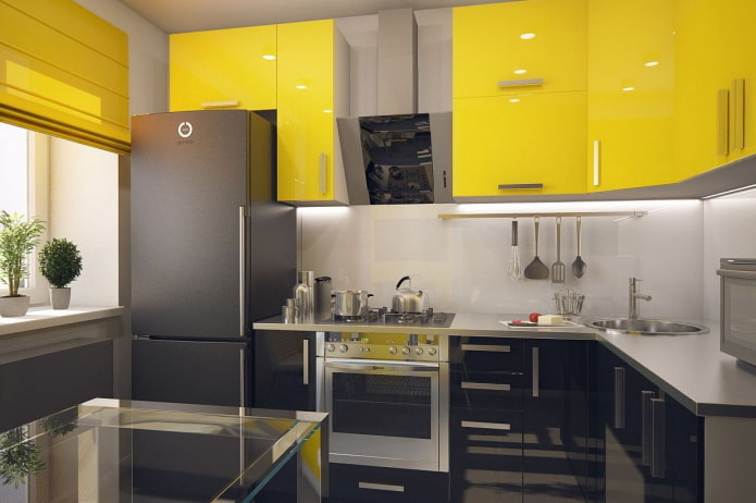konyha belső fekete és sárga színben