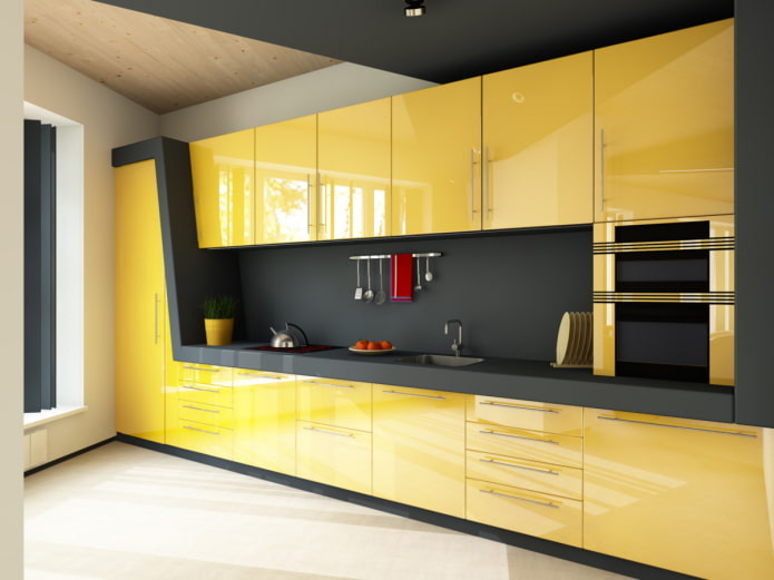 konyha belső fekete és sárga színben