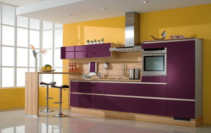 kitchen interior in yellow-purple tones