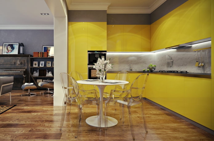 เฟอร์นิเจอร์และเครื่องใช้ภายในห้องครัวในโทนสีเหลือง