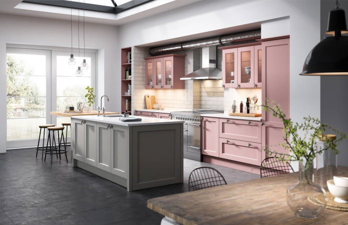 kitchen interior in gray-pink tones