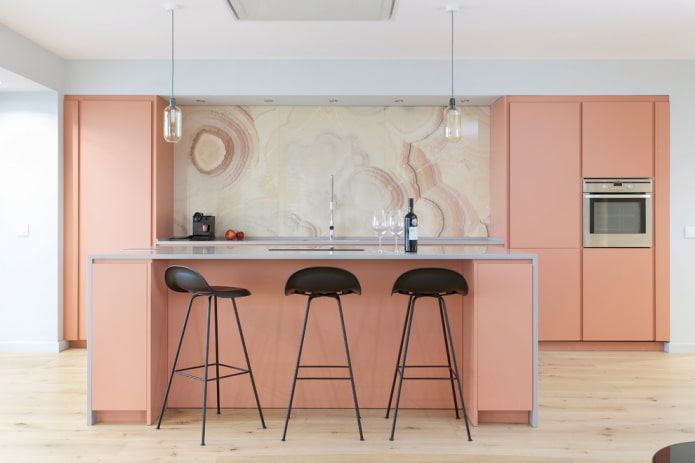kitchen interior in beige and pink colors