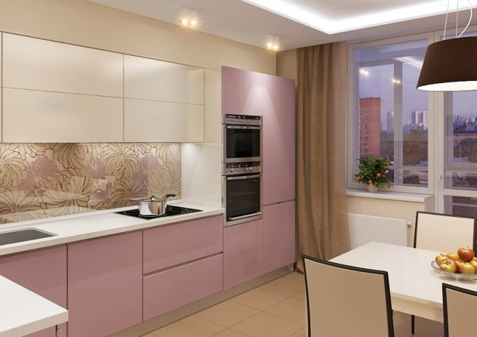 кухињски ентеријер у беж и ружичастим бојама