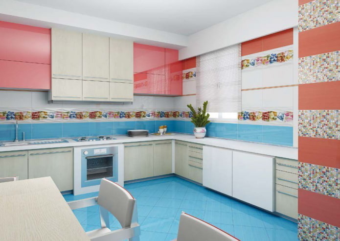 ภายในห้องครัวในโทนสีชมพูและสีฟ้า