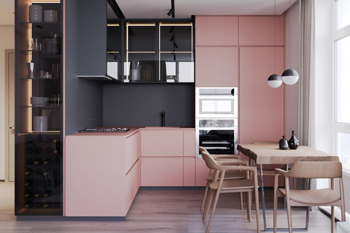 furniture and appliances in the interior of the kitchen in pink tones