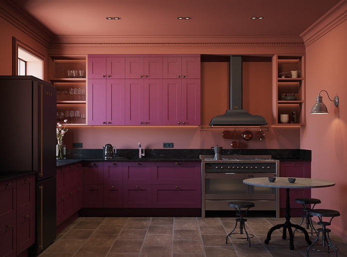 ภายในห้องครัวในสีชมพูและม่วง