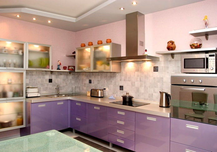 kitchen interior in pink and lilac colors