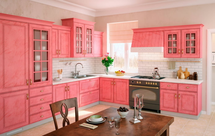 pink kitchen interior in provence style
