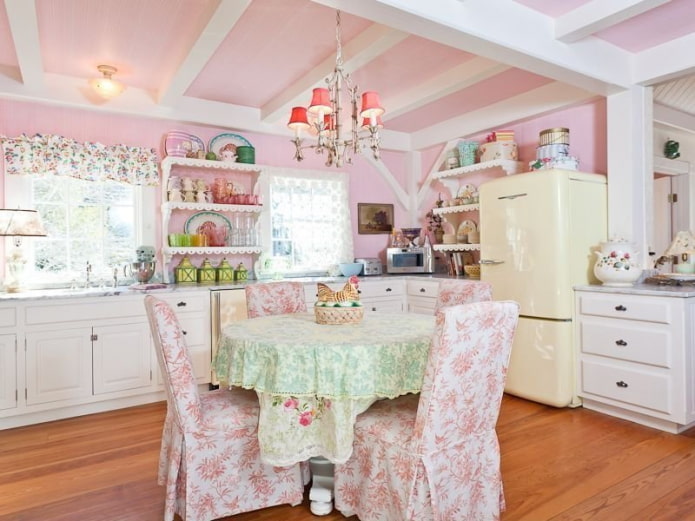 pink kitchen interior in the style of shabby chic