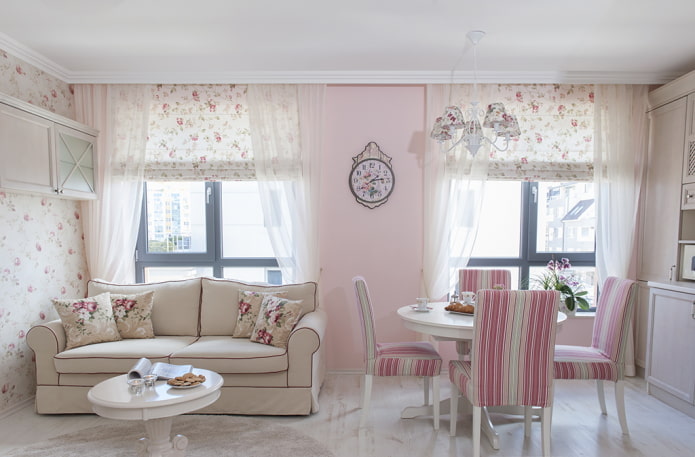 curtains in the interior of the kitchen in pink tones