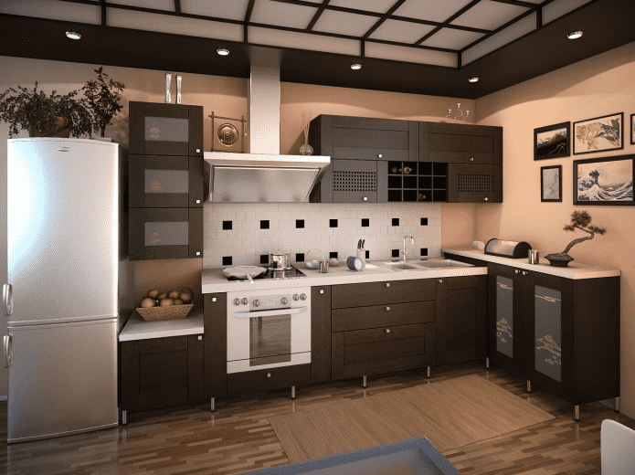 Beleuchtung und Dekoration im Inneren der Küche im japanischen Stil