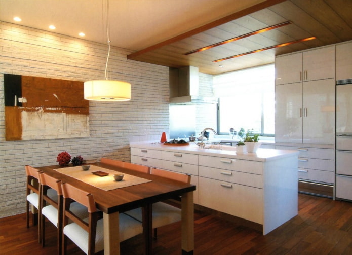 Beleuchtung und Dekoration im Inneren der Küche im japanischen Stil